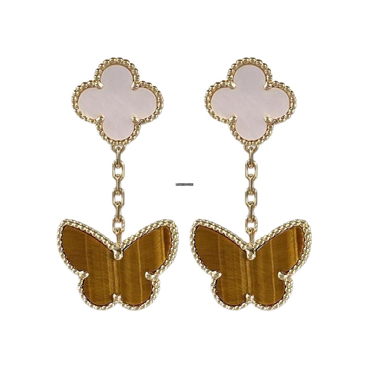 Van Cleef & Arpels Lucky Alhambra Earrings 2 motifs 18K Yellow Gold Mother-of-pearl Tiger Eye VCARD79800